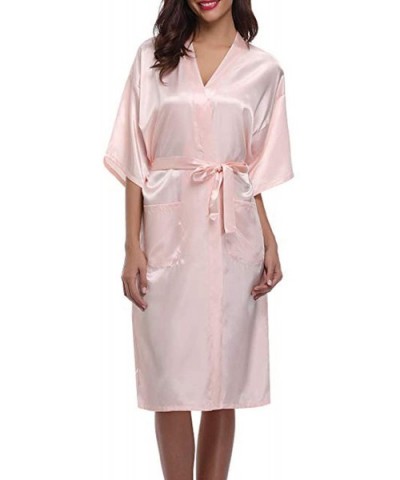 Womens Robe Faux Silk Kimono Bath Gown Female Sexy Bathrobe Nightgown Mujer Pijama Size - Pink - C618AE2SWT4 $53.02 Robes