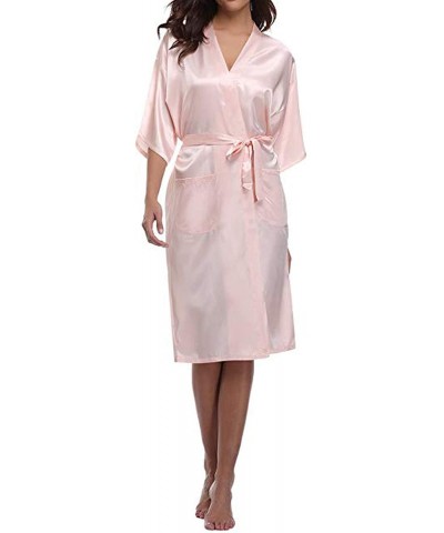 Womens Robe Faux Silk Kimono Bath Gown Female Sexy Bathrobe Nightgown Mujer Pijama Size - Pink - C618AE2SWT4 $53.02 Robes