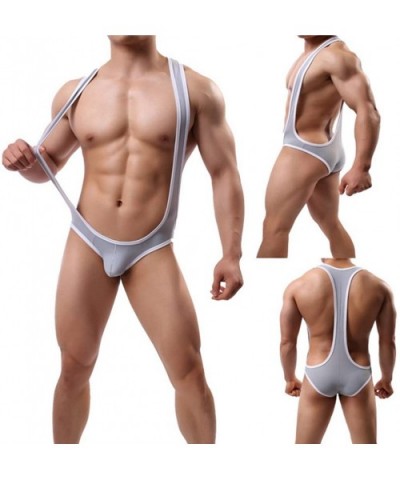 Men's Ice Silk One-Piece Jockstrap Leotard Underwear Body Shaping Bodysuit Corset - Grey - CI18Y65OZZH $30.13 G-Strings & Thongs