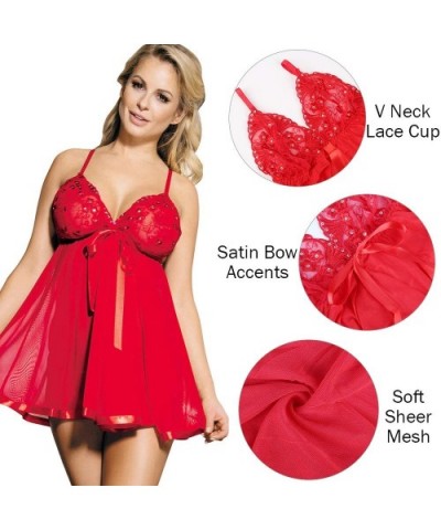 Women's Lingerie Lace Babydoll V Neck Strap Sleepwear Chemise Mesh Sleepwear M-6XL - Style 1 Red - CG193WACUMZ $22.84 Baby Do...