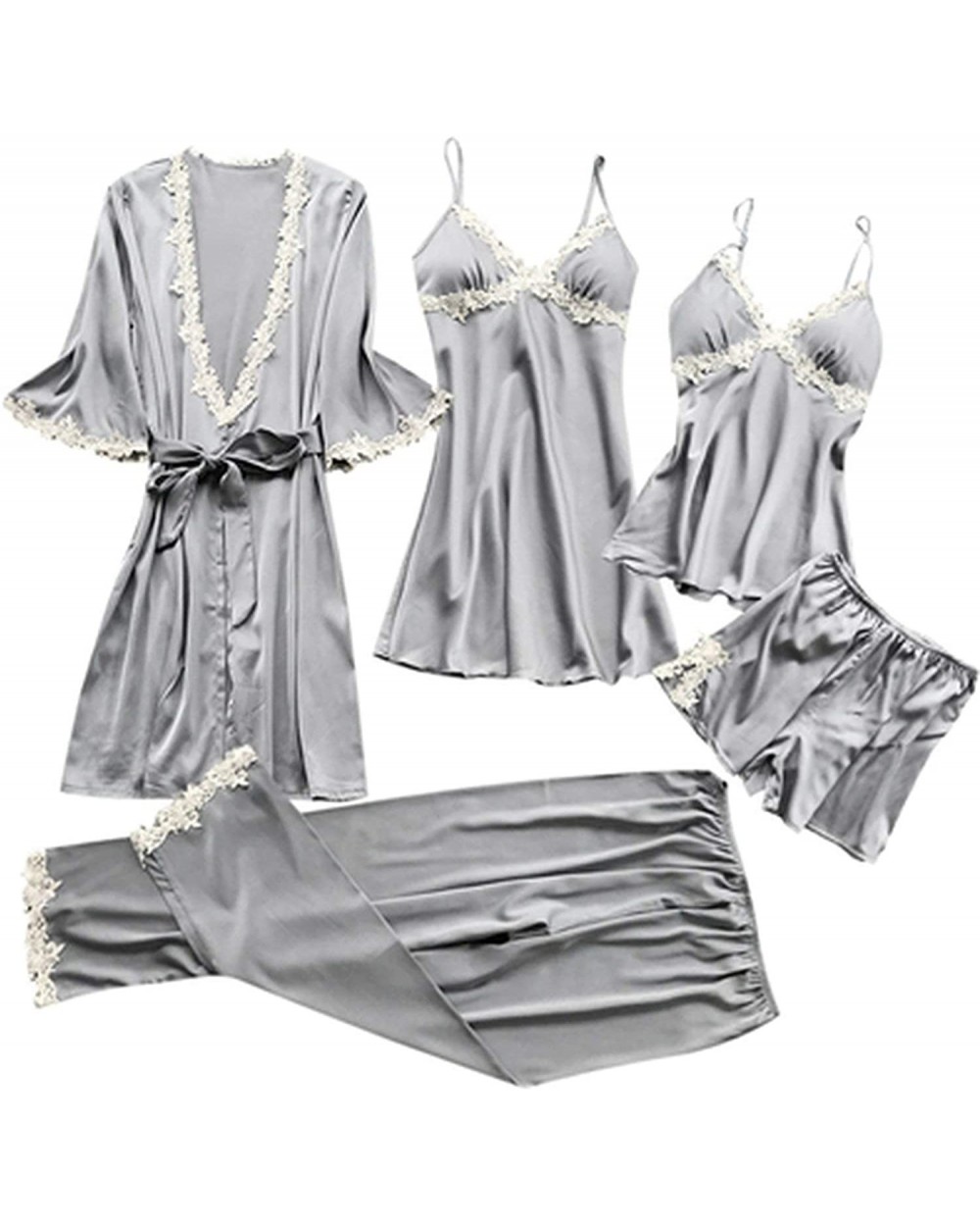 Women Pajamas 5 Pieces Satin Sleepwear Pijama Silk Home Wear Home Clothing Embroidery Sleep - Gray - CS18U4SOMXH $59.79 Sets