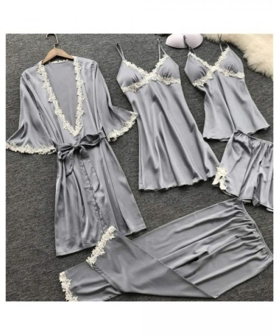 Women Pajamas 5 Pieces Satin Sleepwear Pijama Silk Home Wear Home Clothing Embroidery Sleep - Gray - CS18U4SOMXH $59.79 Sets