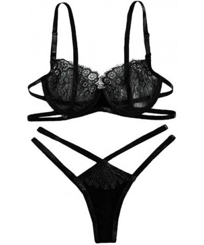 Sexy Women Eyelash Lace Wireless Bra Sexy Lingerie Briefs Thong Set Underwear - Black - CC194UI5RY8 $14.14 Robes