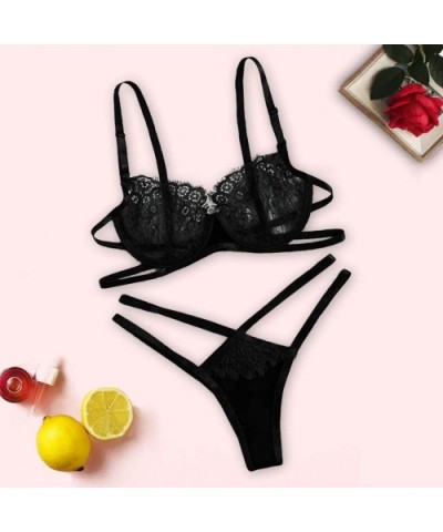 Sexy Women Eyelash Lace Wireless Bra Sexy Lingerie Briefs Thong Set Underwear - Black - CC194UI5RY8 $14.14 Robes