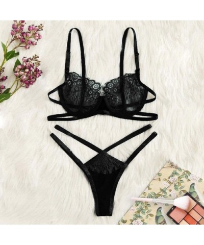 Sexy Women Eyelash Lace Wireless Bra Sexy Lingerie Briefs Thong Set Underwear - Black - CC194UI5RY8 $14.14 Robes