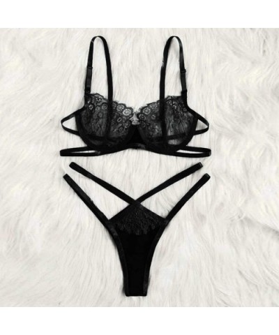 Sexy Women Eyelash Lace Wireless Bra Sexy Lingerie Briefs Thong Set Underwear - Black - CC194UI5RY8 $14.14 Robes