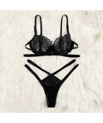 Sexy Women Eyelash Lace Wireless Bra Sexy Lingerie Briefs Thong Set Underwear - Black - CC194UI5RY8 $14.14 Robes