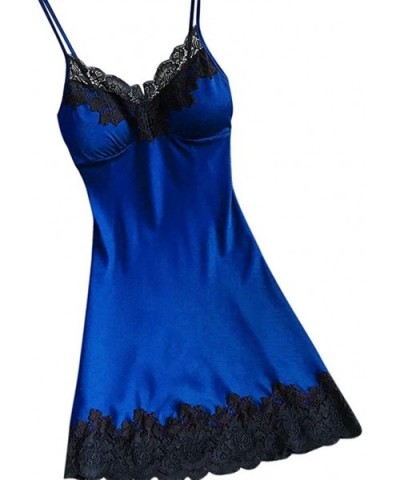 Sleepwear for Women Satin Sling Lace Nightdress Lingerie + Chest Pad - Blue - C818O90474D $15.75 Nightgowns & Sleepshirts