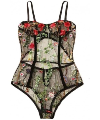 Lingerie for Women Sexy Sheer Mesh Bodydoll Hollow Mini Bodysuit Floral Embroidered Sleepwear - A-black - CQ195WOLOSR $16.25 ...