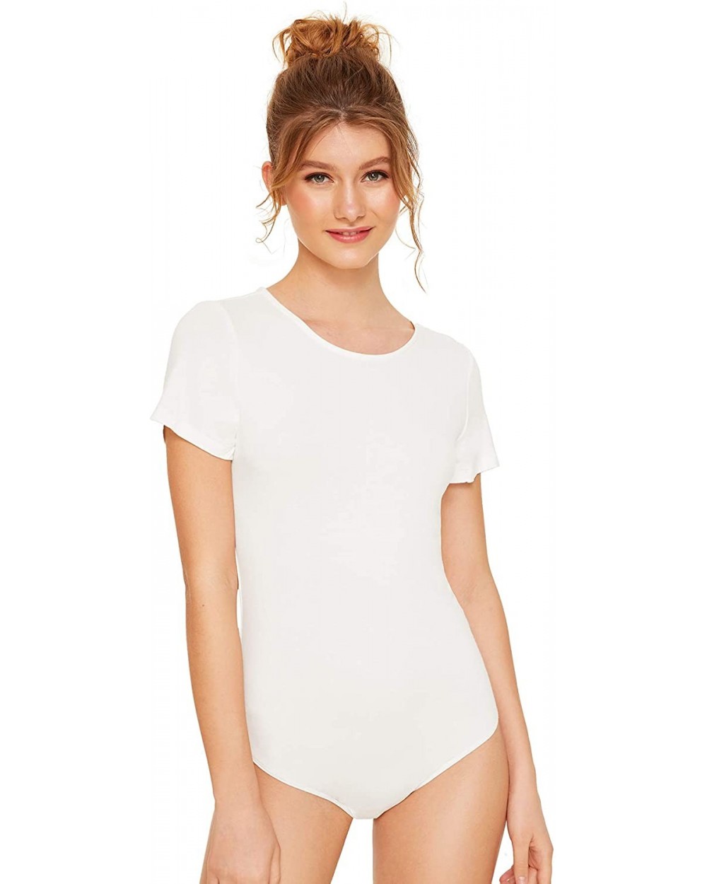 Women's Basic Short Sleeve Stretchy Bodysuit Leotard Tops - Off White - C618NG3KWW5 $23.92 Shapewear