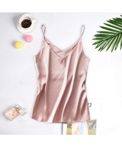 Womens Satin Pajamas Sexy Fashion V-Neck Silk Cami Crop Top Underwear - Pink - CK198E3EX8Z $22.61 Baby Dolls & Chemises