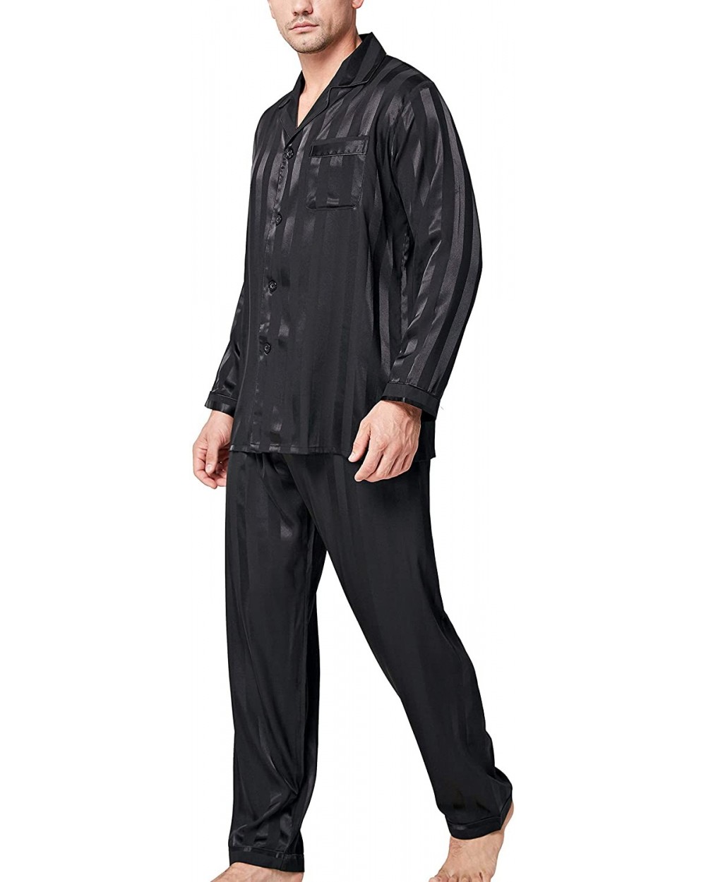 Mens Satin Long Button-Down Pajamas Set- Stripped PJ- S~4XL - Black Striped - CT12EYSTZ29 $45.27 Sleep Sets