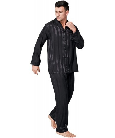 Mens Satin Long Button-Down Pajamas Set- Stripped PJ- S~4XL - Black Striped - CT12EYSTZ29 $45.27 Sleep Sets