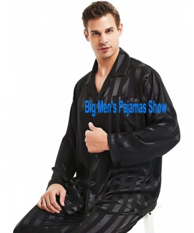 Mens Satin Long Button-Down Pajamas Set- Stripped PJ- S~4XL - Black Striped - CT12EYSTZ29 $45.27 Sleep Sets