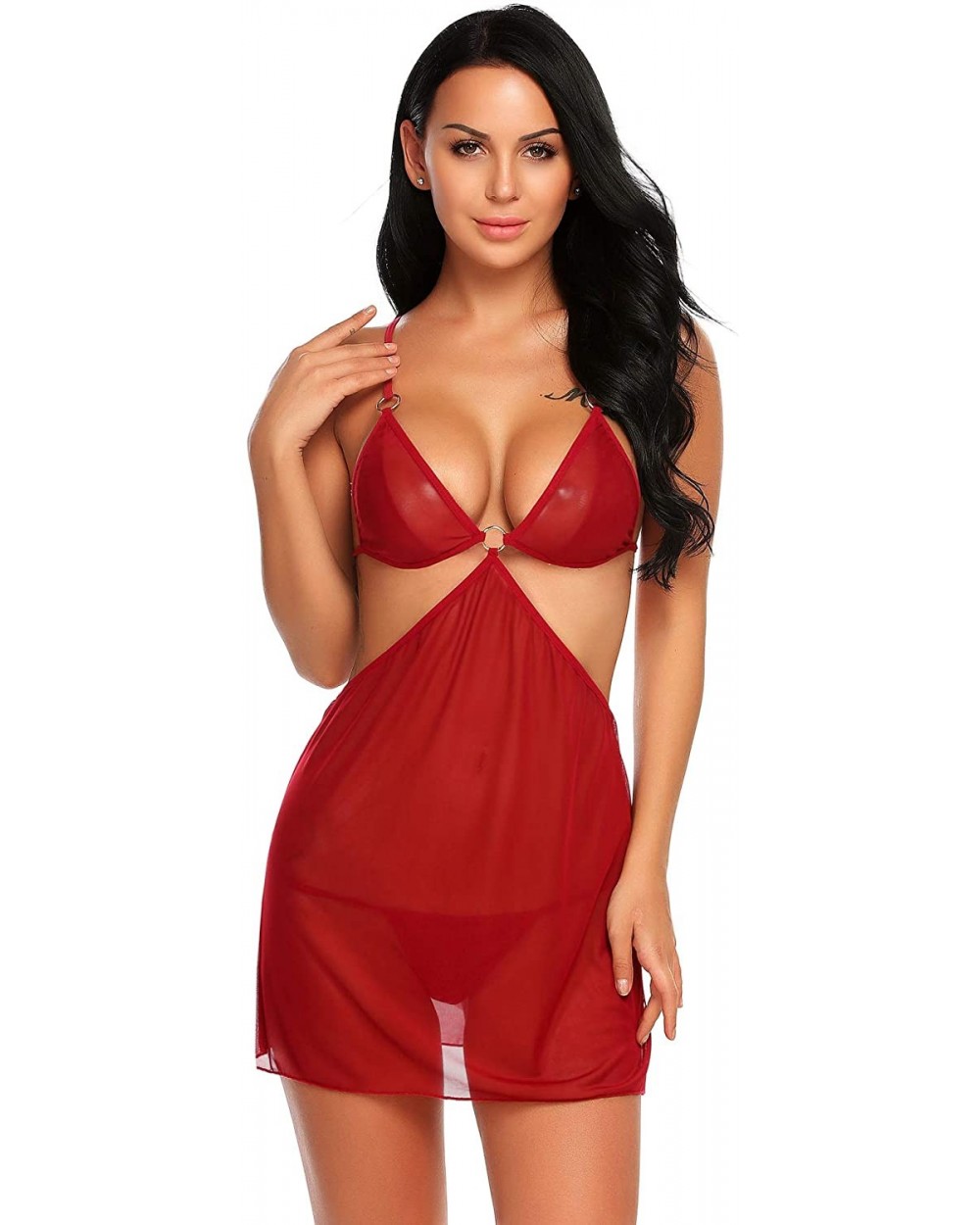 Poka Dot Women Lingerie Mesh Babydoll Chemise - Dark Red(6847) - CJ18YDNL2TI $26.17 Baby Dolls & Chemises