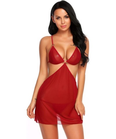 Poka Dot Women Lingerie Mesh Babydoll Chemise - Dark Red(6847) - CJ18YDNL2TI $26.17 Baby Dolls & Chemises