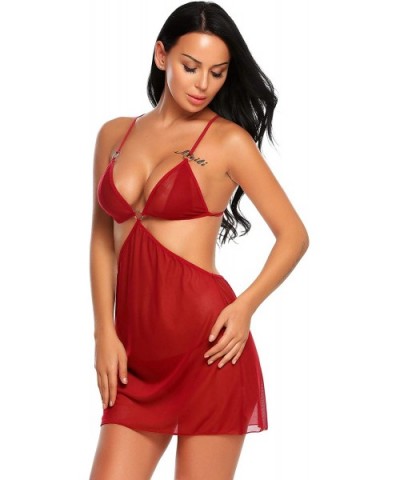 Poka Dot Women Lingerie Mesh Babydoll Chemise - Dark Red(6847) - CJ18YDNL2TI $26.17 Baby Dolls & Chemises