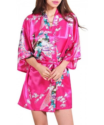 Floral Satin Kimono Robes for Women Short Bridesmaid and Bride Robe for Wedding Party - Rose Red - CI18UK22452 $13.34 Robes