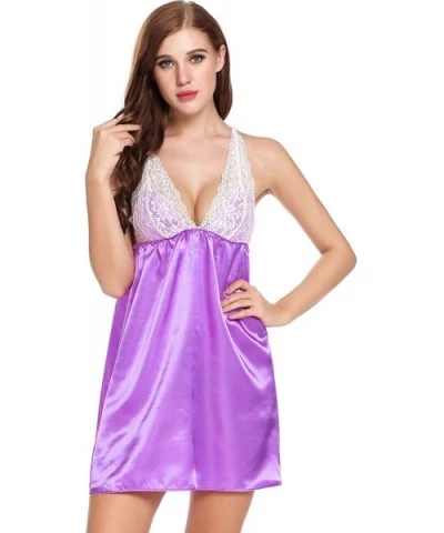 Womens Sexy Nightgowns Satin Sleeveless Sleepwear V-Neck Lace Babydoll Sleep Dress - Purple2 - C118ADRS8MX $25.40 Nightgowns ...