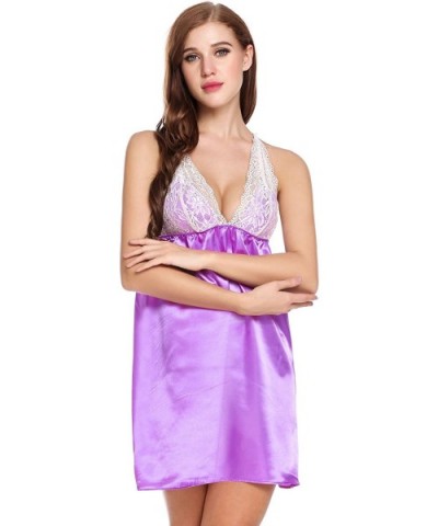 Womens Sexy Nightgowns Satin Sleeveless Sleepwear V-Neck Lace Babydoll Sleep Dress - Purple2 - C118ADRS8MX $25.40 Nightgowns ...