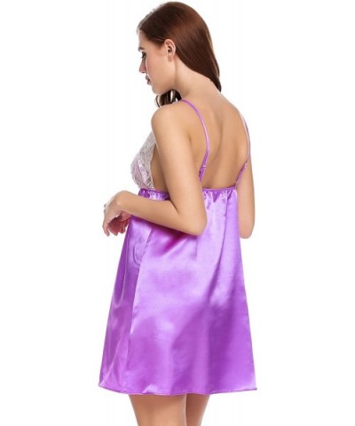 Womens Sexy Nightgowns Satin Sleeveless Sleepwear V-Neck Lace Babydoll Sleep Dress - Purple2 - C118ADRS8MX $25.40 Nightgowns ...