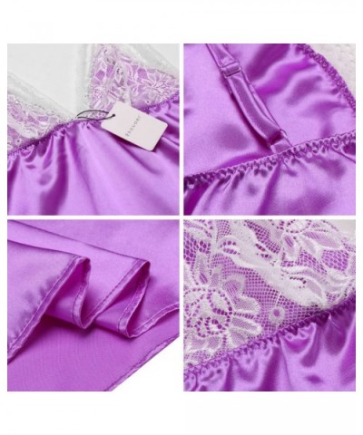 Womens Sexy Nightgowns Satin Sleeveless Sleepwear V-Neck Lace Babydoll Sleep Dress - Purple2 - C118ADRS8MX $25.40 Nightgowns ...