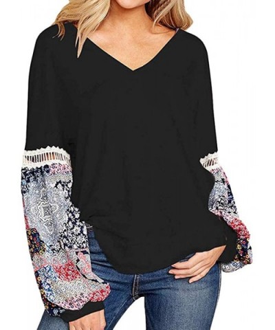 Women Leopard Print Long Puff Sleeve Splicing Striped Tops Patchwork Pullovers - A-black - CU192S3D3R6 $22.06 Bustiers & Corsets