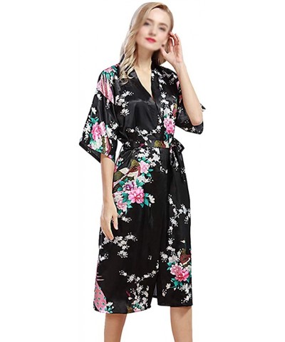 Women Silky Robe Long V Neck Kimono Sleep Night-Gown Floral Print Nightwear - Black - C7197RWED3W $39.18 Robes