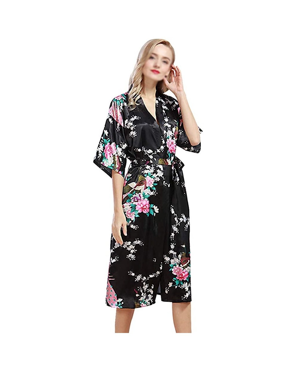 Women Silky Robe Long V Neck Kimono Sleep Night-Gown Floral Print Nightwear - Black - C7197RWED3W $39.18 Robes