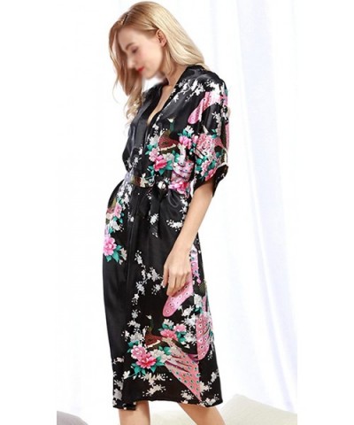 Women Silky Robe Long V Neck Kimono Sleep Night-Gown Floral Print Nightwear - Black - C7197RWED3W $39.18 Robes