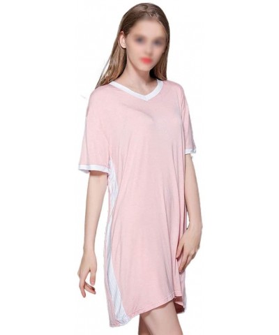 Women's Home Wear- V-Neck Stitching Loose Nightdress- T-Shirt Loose Dress - Pink - CT19DL4OIRO $59.43 Nightgowns & Sleepshirts