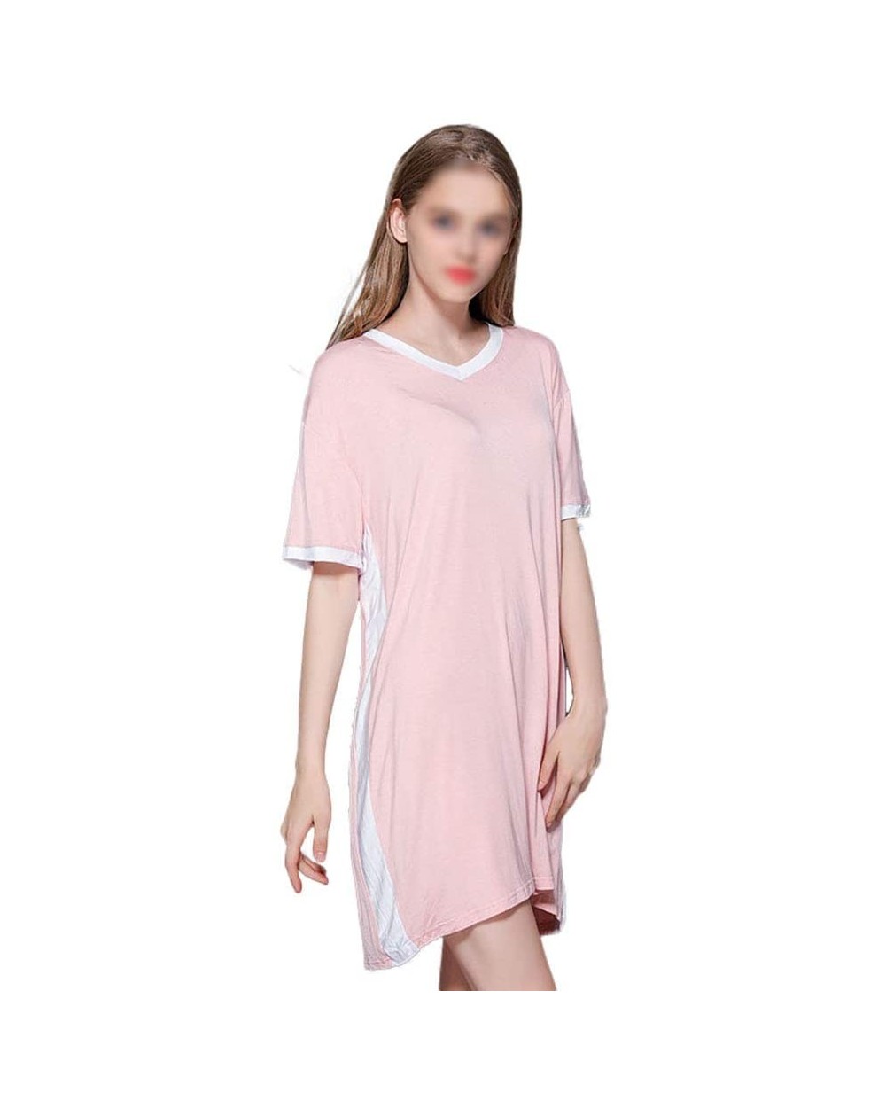 Women's Home Wear- V-Neck Stitching Loose Nightdress- T-Shirt Loose Dress - Pink - CT19DL4OIRO $59.43 Nightgowns & Sleepshirts