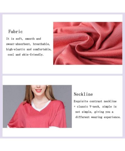 Women's Home Wear- V-Neck Stitching Loose Nightdress- T-Shirt Loose Dress - Pink - CT19DL4OIRO $59.43 Nightgowns & Sleepshirts