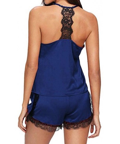 Women Sleepwear Sleeveless Strap Nightwear Lace Trim Satin Cami Top Pajama Sets - Blue - CY18UKR007N $14.48 Slips