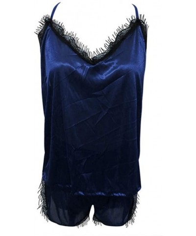 Women Sleepwear Sleeveless Strap Nightwear Lace Trim Satin Cami Top Pajama Sets - Blue - CY18UKR007N $14.48 Slips