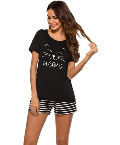 Womens Pajama Set Striped Short Sleeve Sleepwear Cartoon Soft Modal Print Tee Sets - Black - CQ19C9CEX3Q $32.84 Sets