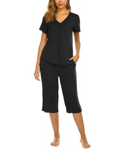 Pajamas Set Short Sleeve Sleepwear Womens Button Up Top and Capri Pajama PJ Set - A-black - CP18SR7TZ66 $50.44 Sets