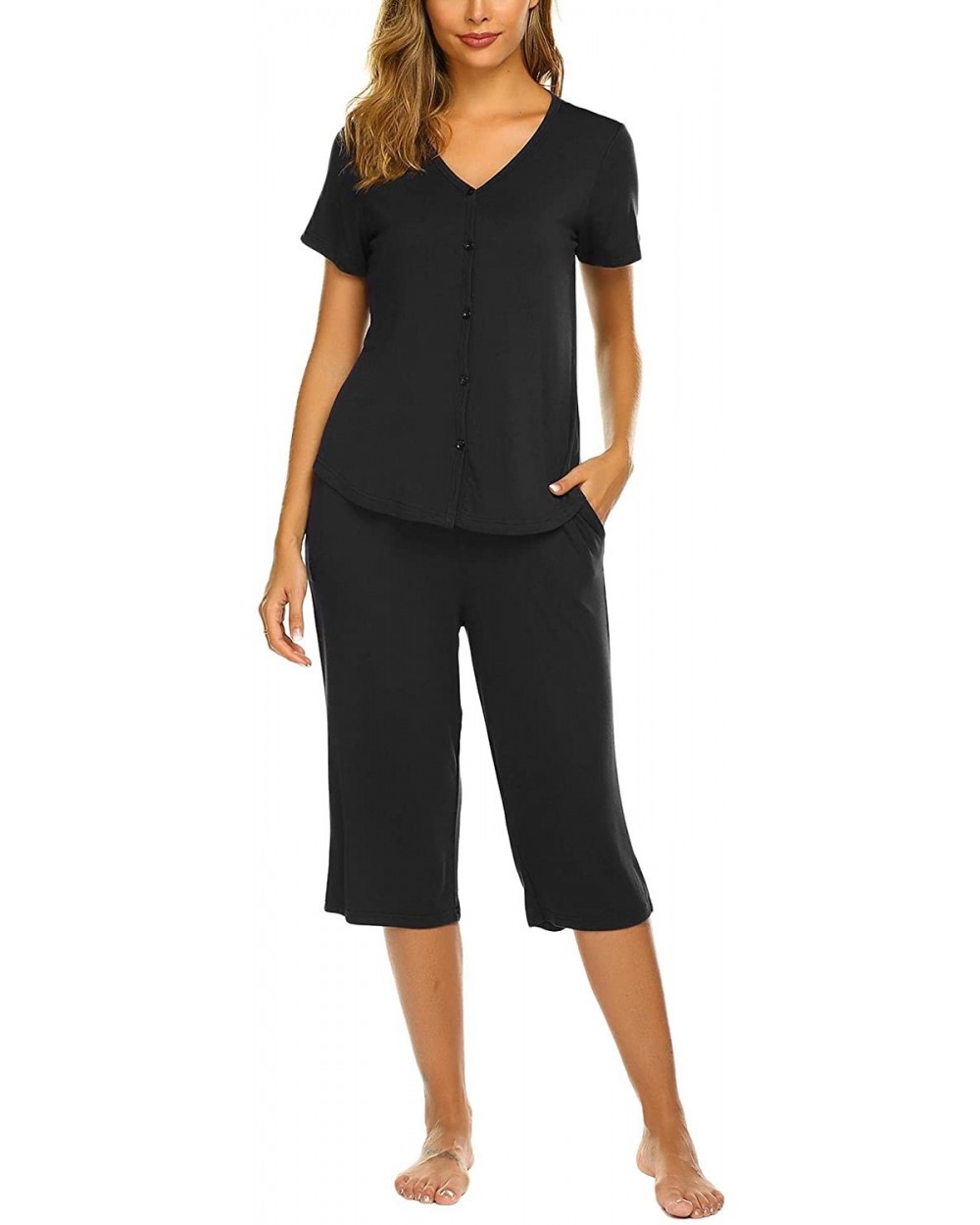 Pajamas Set Short Sleeve Sleepwear Womens Button Up Top and Capri Pajama PJ Set - A-black - CP18SR7TZ66 $50.44 Sets