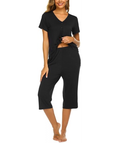 Pajamas Set Short Sleeve Sleepwear Womens Button Up Top and Capri Pajama PJ Set - A-black - CP18SR7TZ66 $50.44 Sets