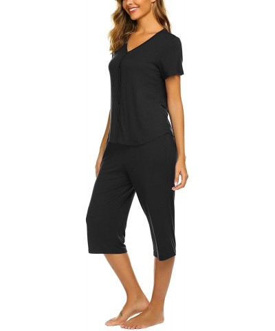 Pajamas Set Short Sleeve Sleepwear Womens Button Up Top and Capri Pajama PJ Set - A-black - CP18SR7TZ66 $50.44 Sets