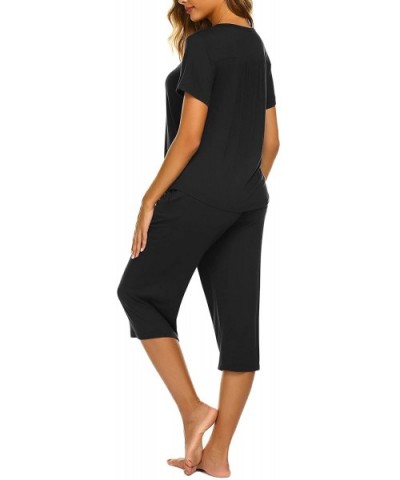 Pajamas Set Short Sleeve Sleepwear Womens Button Up Top and Capri Pajama PJ Set - A-black - CP18SR7TZ66 $50.44 Sets