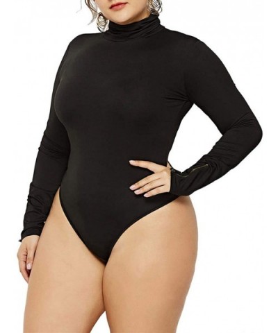 Women Sexy Bodysuit Plus Size Basic Turtleneck/Scoop Neck Zipper Long Sleeve Bodycon Leotard Top - Turtleneck Black - CZ18NO9...