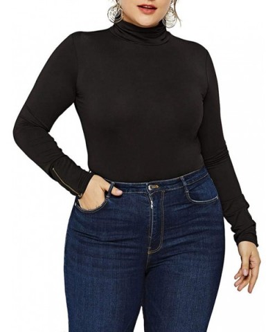 Women Sexy Bodysuit Plus Size Basic Turtleneck/Scoop Neck Zipper Long Sleeve Bodycon Leotard Top - Turtleneck Black - CZ18NO9...