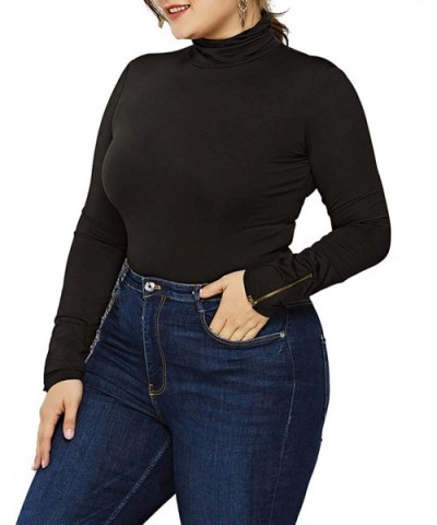 Women Sexy Bodysuit Plus Size Basic Turtleneck/Scoop Neck Zipper Long Sleeve Bodycon Leotard Top - Turtleneck Black - CZ18NO9...