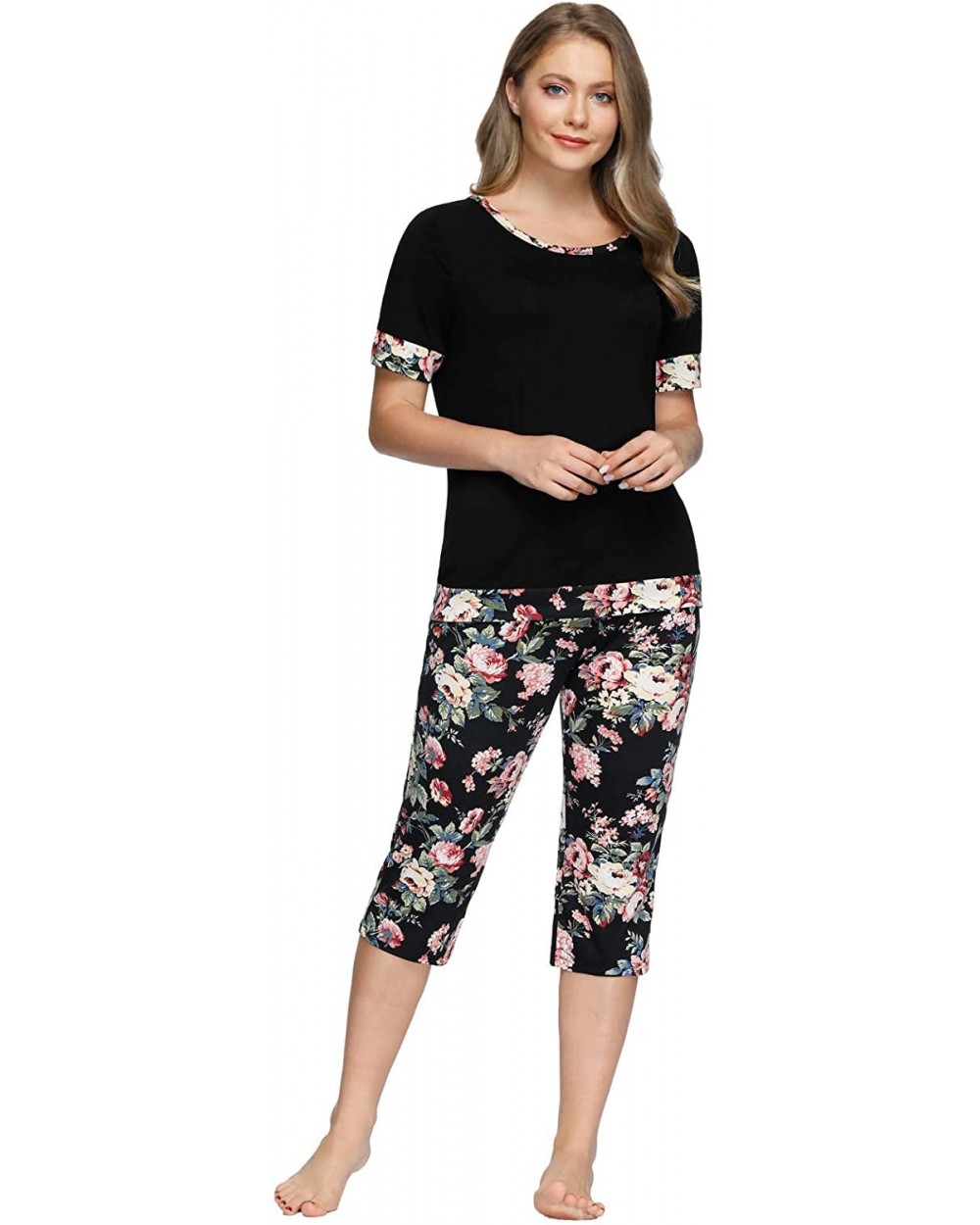 Women Pajama Short Sleeve Round Neck Tops with Printed Capri Pants Lounge Sets - Black - CH18EIMDNND $35.78 Sets