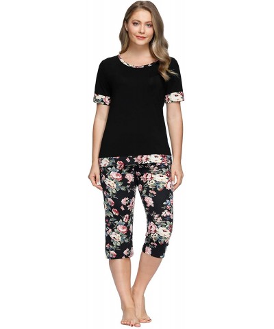 Women Pajama Short Sleeve Round Neck Tops with Printed Capri Pants Lounge Sets - Black - CH18EIMDNND $35.78 Sets