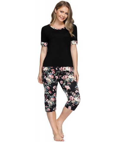 Women Pajama Short Sleeve Round Neck Tops with Printed Capri Pants Lounge Sets - Black - CH18EIMDNND $35.78 Sets