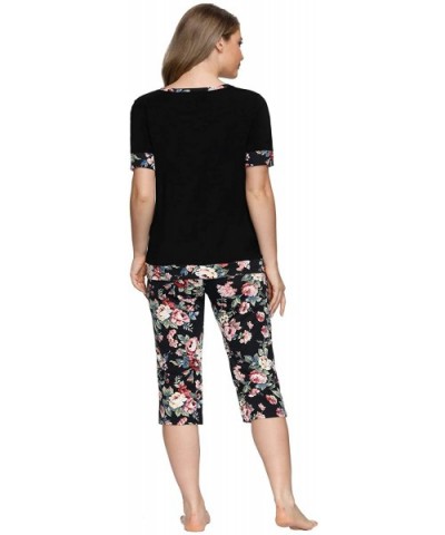 Women Pajama Short Sleeve Round Neck Tops with Printed Capri Pants Lounge Sets - Black - CH18EIMDNND $35.78 Sets