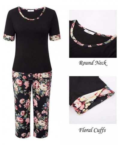 Women Pajama Short Sleeve Round Neck Tops with Printed Capri Pants Lounge Sets - Black - CH18EIMDNND $35.78 Sets