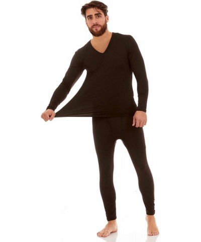 Mens Ultra Soft V-Neck Thermal Underwear with Fleece Lined Long Johns Set - Black - C118AQIKWRX $39.64 Thermal Underwear